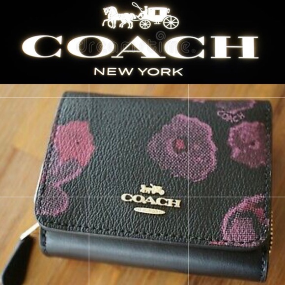 Coach Handbags - NEW Coach Black / Wine Floral Small Trifold Wallet with Zip Coin Holder